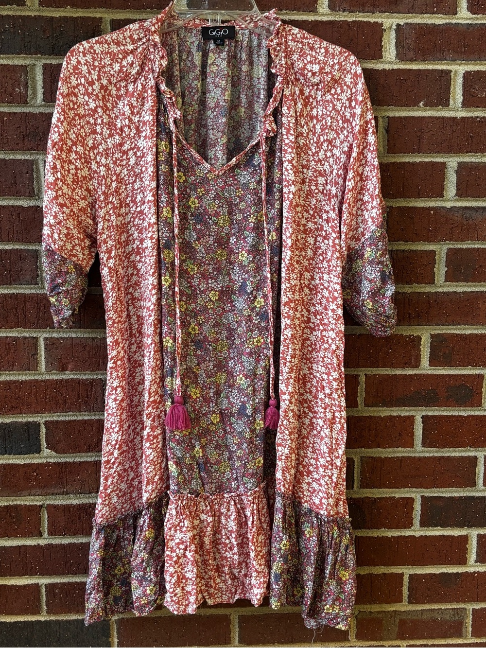 GiGiO Boho womens Mixed Floral Paisley Tassel Tiered Tunic Mini Dress Medium M